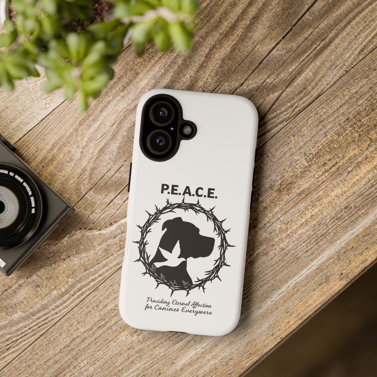 Phone Case — P.E.A.C.E. Dog Silhouette with Dove & Wreath (Animal Rescue Tribute)