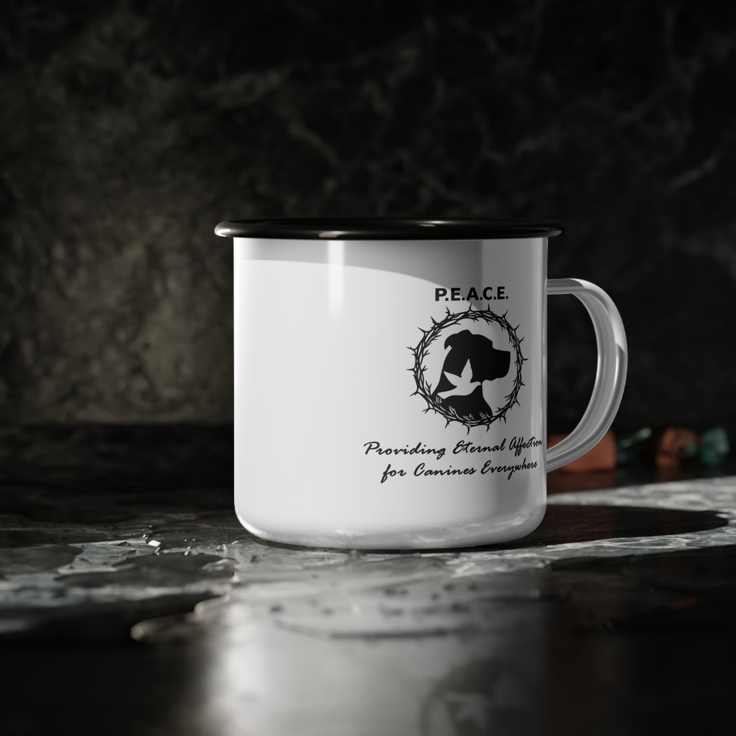 Enamel Camp Cup — P.E.A.C.E. Pet Memorial Mug (Providing Eternal Affection for Canines Everywhere)