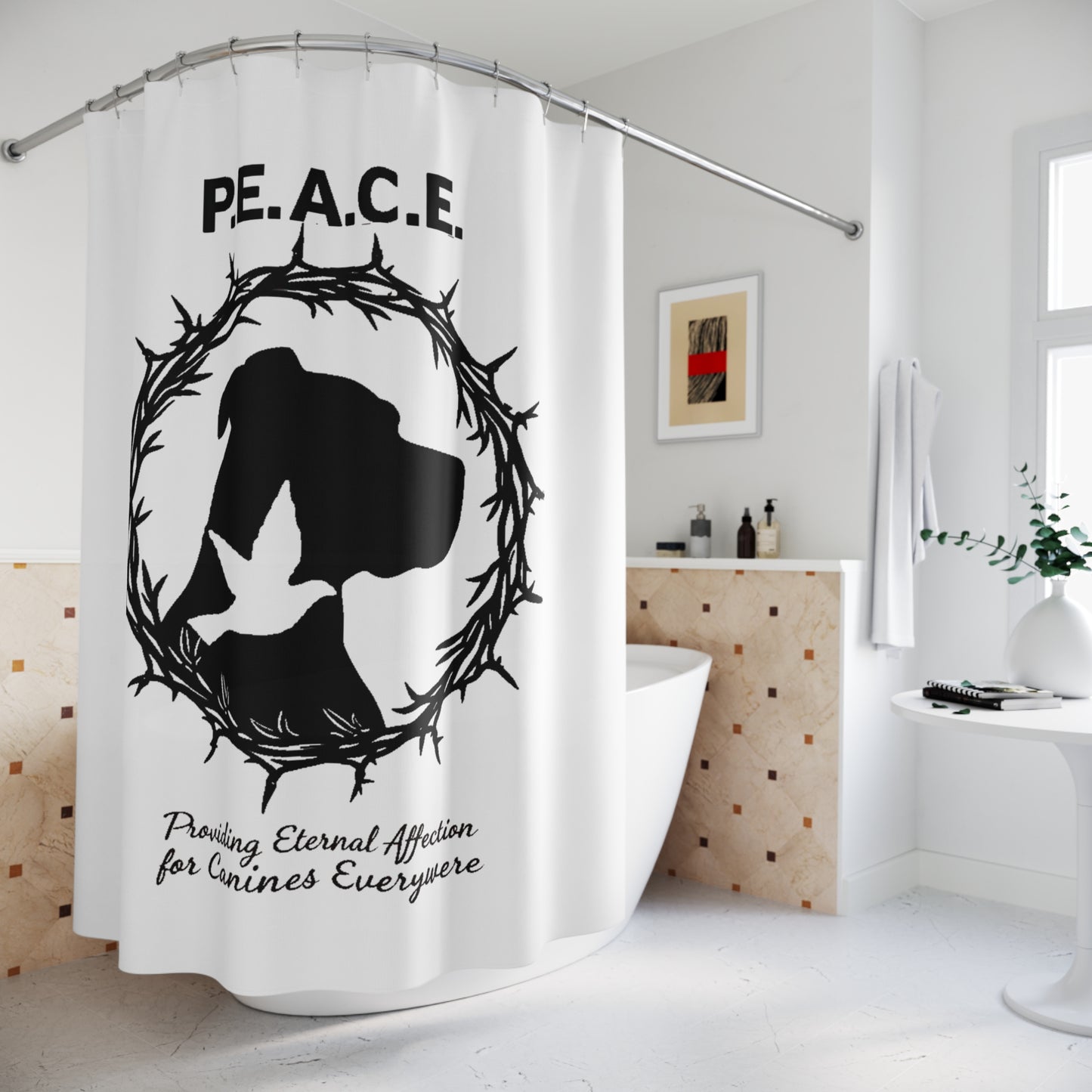 P.E.A.C.E. Dog Silhouette Shower Curtain — Canine Rescue & Adoption Decor