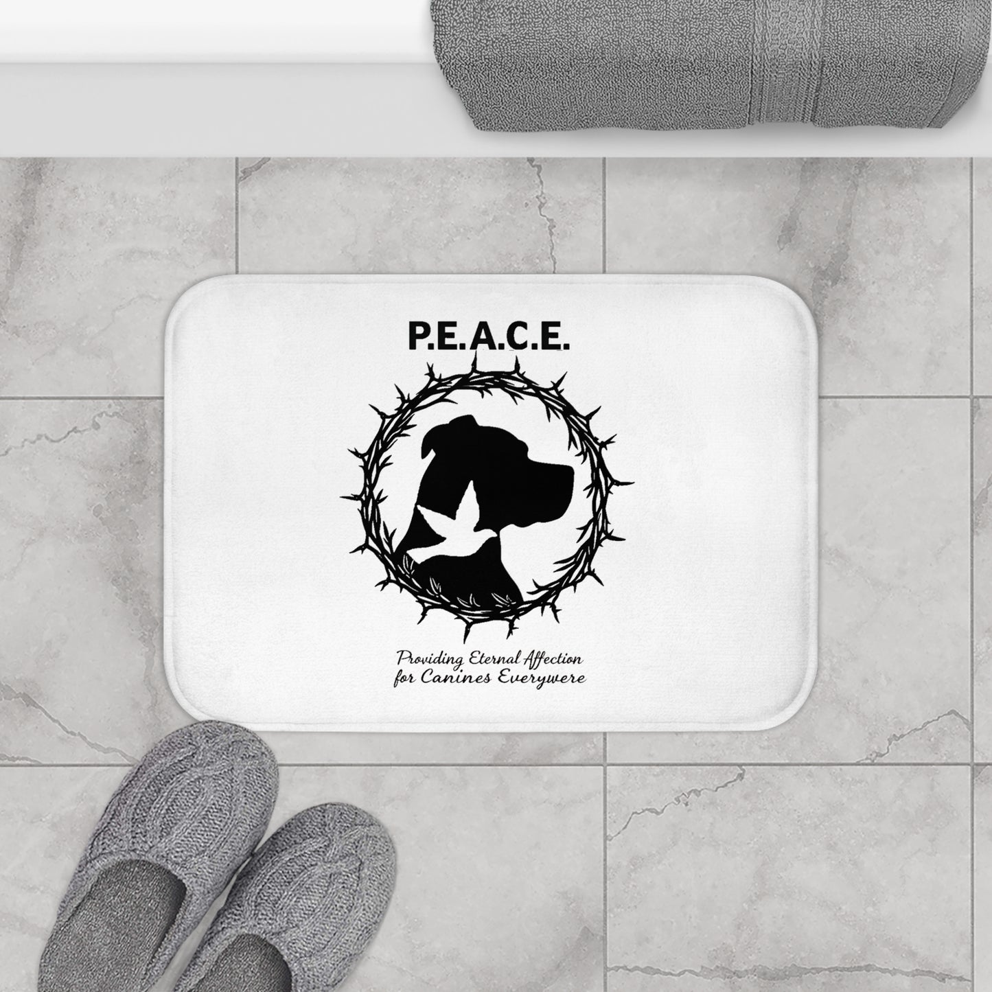 P.E.A.C.E. Canine Memorial Bath Mat – Dog Silhouette & Dove Tribute