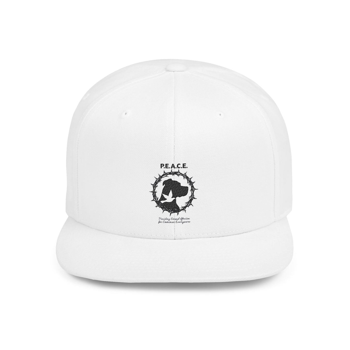 Peace Skull Snapback Hat — Flat Bill White Cap with 'P.E.A.C.E.' Graphic