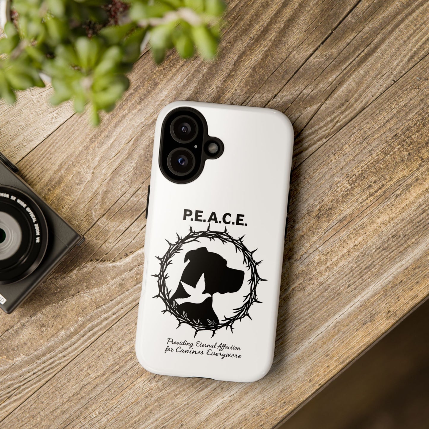 Phone Case — P.E.A.C.E. Dog Silhouette with Dove & Wreath (Animal Rescue Tribute)