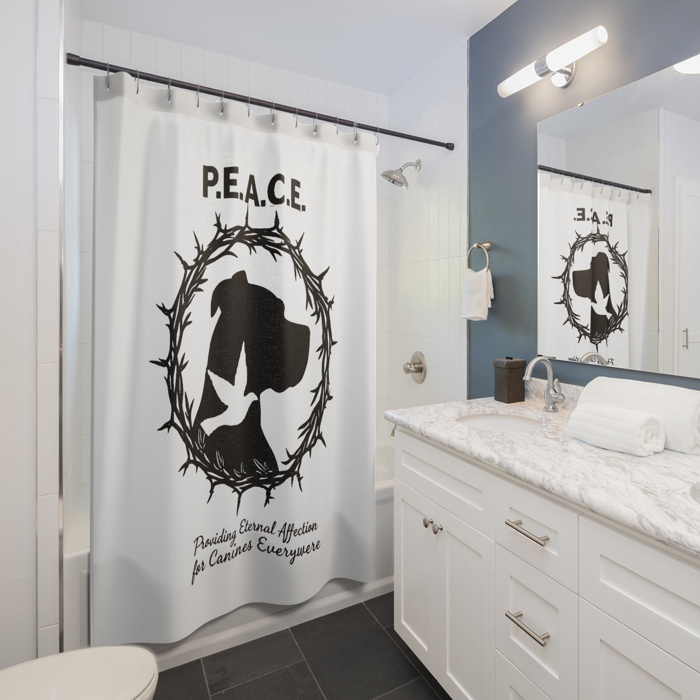 P.E.A.C.E. Dog Silhouette Shower Curtain — Canine Rescue & Adoption Decor