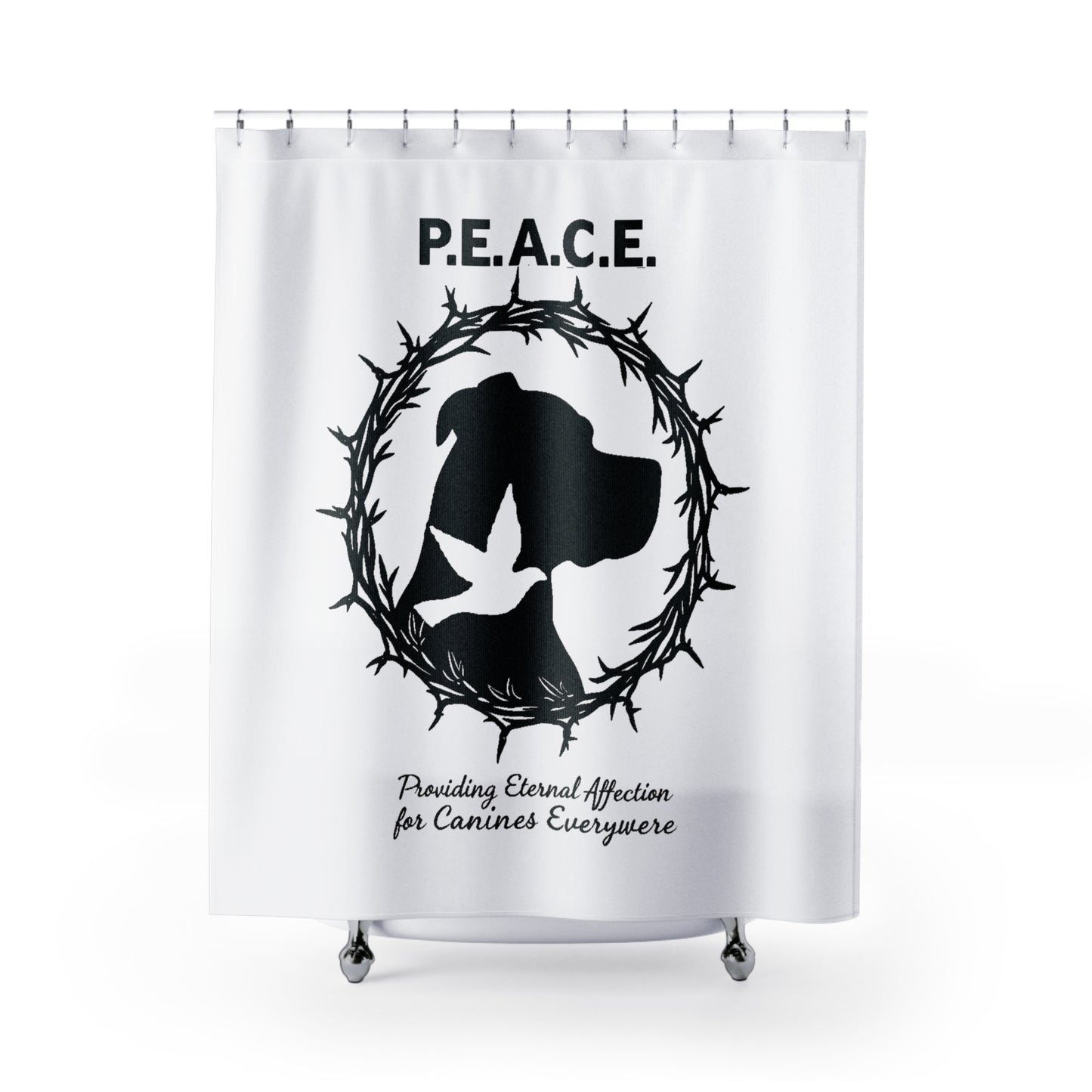 P.E.A.C.E. Dog Silhouette Shower Curtain — Canine Rescue & Adoption Decor