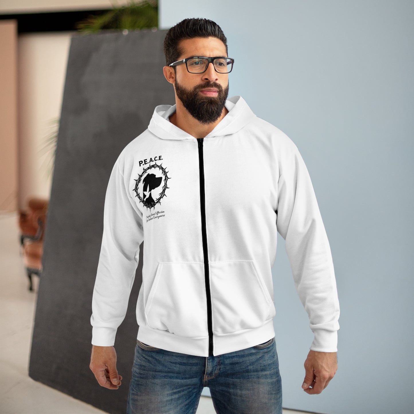 Peace Dove Zip Hoodie — "PEACE" Dove & Laurel Graphic